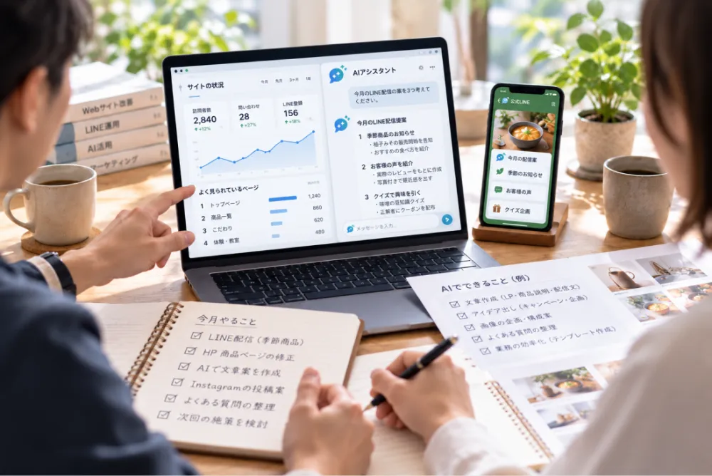 サイトの数字とAIアシスタントの画面を見ながら話す2人